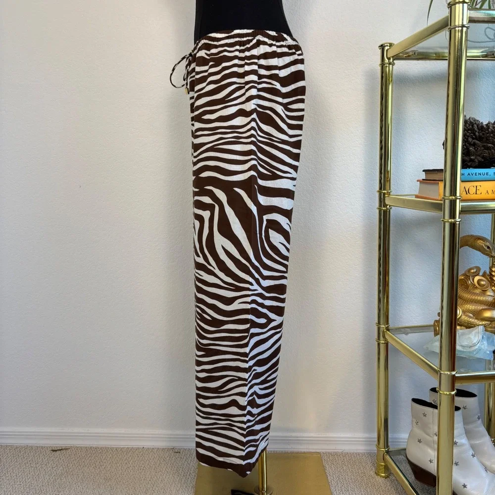 Michael Kors Brown Zebra Print Wide Leg Cotton Drawstring Pants Large Resortwear